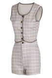 Pink Sexy Plaid Print Patchwork Buckle O Neck Sleeveless Two Pieces
