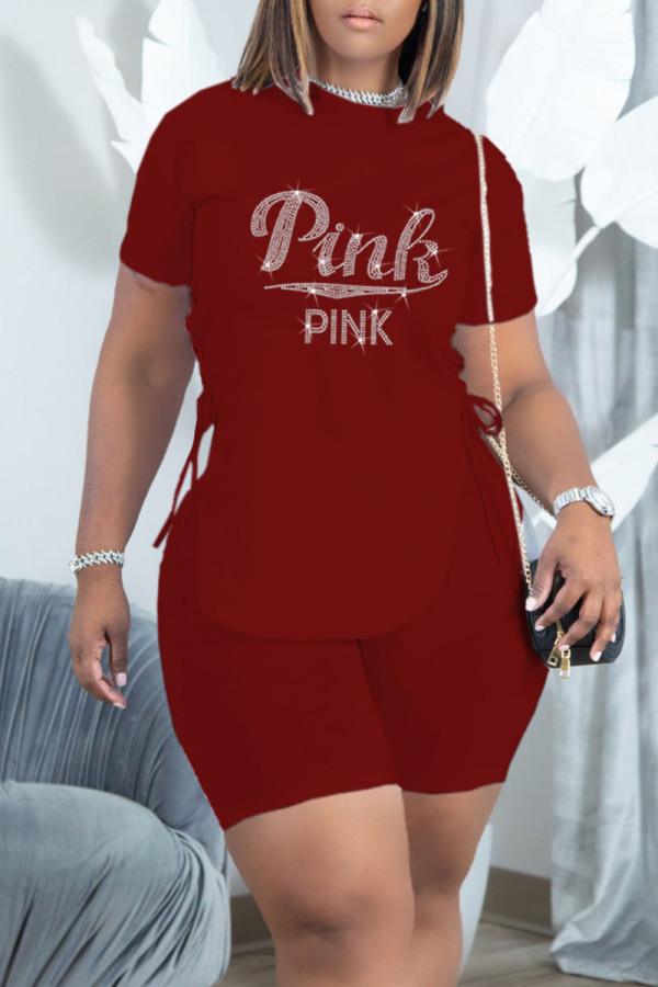 Burgundy Casual Solid Patchwork Frenulum Hot Drill O Neck Short Sleeve Two Pieces