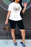 Blue Fashion Casual Print Basic O Neck Short Sleeve Two Pieces