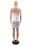 White Fashion Sexy Print Backless Spaghetti Strap Sleeveless Dress Dresses