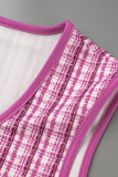 Pink Sexy Plaid Print Patchwork Buckle O Neck Sleeveless Two Pieces