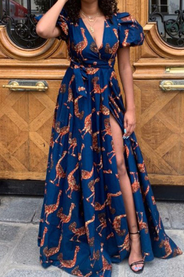 Tibetan Blue Elegant Print Patchwork Slit V Neck Straight Dresses