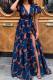 Tibetan Blue Elegant Print Patchwork Slit V Neck Straight Dresses
