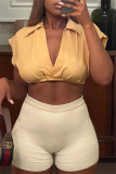 Yellow Fashion Casual Solid Basic V Neck Tops