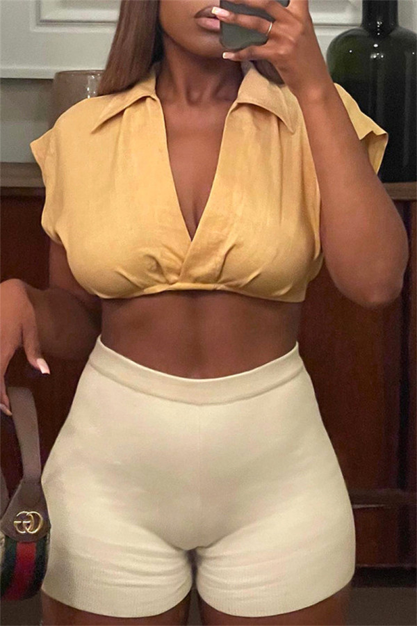 Yellow Fashion Casual Solid Basic V Neck Tops