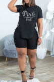 Blue Casual Solid Patchwork Frenulum Hot Drill O Neck Short Sleeve Two Pieces