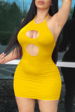 Red Sexy Solid Hollowed Out Halter One Step Skirt Dresses
