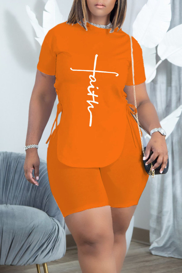 Tangerine Red Casual Print Patchwork Frenulum O Neck Short Sleeve Two Pieces