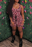 Rose Red Fashion Casual Print Leopard Basic O Neck Sleeveless Two Pieces