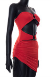 Red Fashion Sexy Solid Hollowed Out Patchwork Backless Strapless Irregular Dress