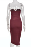 Burgundy Sexy Solid Hollowed Out Draw String Frenulum Backless Slit Strapless Sleeveless Dress