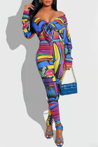 Yellow And Blue Fashion Casual Print Basic Turndown Collar Long Sleeve Two Pieces