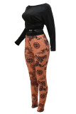 Black Fashion Casual Print Basic O Neck Short Sleeve Two Pieces