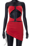 Red Fashion Sexy Solid Hollowed Out Patchwork Backless Strapless Irregular Dress
