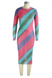 Rose Red Fashion Sexy Striped Print See-through O Neck Long Sleeve Dresses