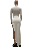 White Sexy Solid Patchwork O Neck Irregular Dress Dresses