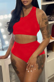 Red Fashion Casual Living Solid Basic O Neck Sleeveless Two Pieces