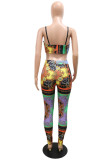Multicolor Fashion Sexy Print Hollowed Out Patchwork Backless Spaghetti Strap Sleeveless Two Pieces