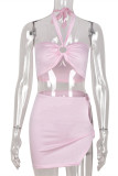 Pink Fashion Sexy Solid Bandage Backless Strapless Sleeveless Two Pieces