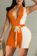 Orange Fashion Casual Solid Patchwork Zipper Collar Sleeveless Two Pieces