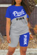 Blue Fashion Casual Letter Print Patchwork O Neck Short Sleeve Two Pieces