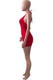 Red Sexy Solid Hollowed Out Halter One Step Skirt Dresses