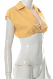 Yellow Fashion Casual Solid Basic V Neck Tops