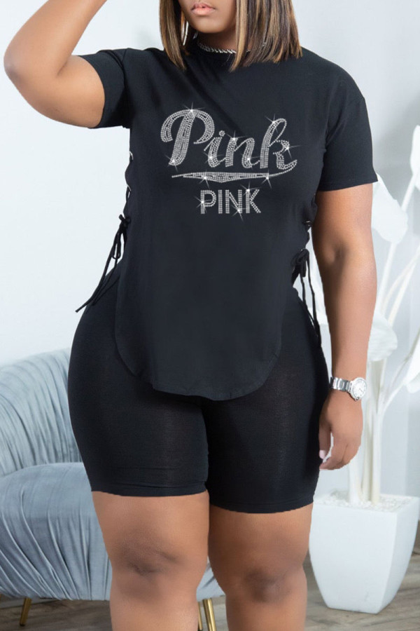 Black Casual Solid Patchwork Frenulum Hot Drill O Neck Short Sleeve Two Pieces