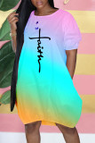 Cyan Fashion Casual Gradual Change Print Basic O Neck Short Sleeve Dress