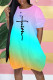 Cyan Fashion Casual Gradual Change Print Basic O Neck Short Sleeve Dress