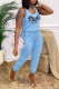 Baby Blue Fashion Casual Letter Print Basic O Neck Regular Jumpsuits