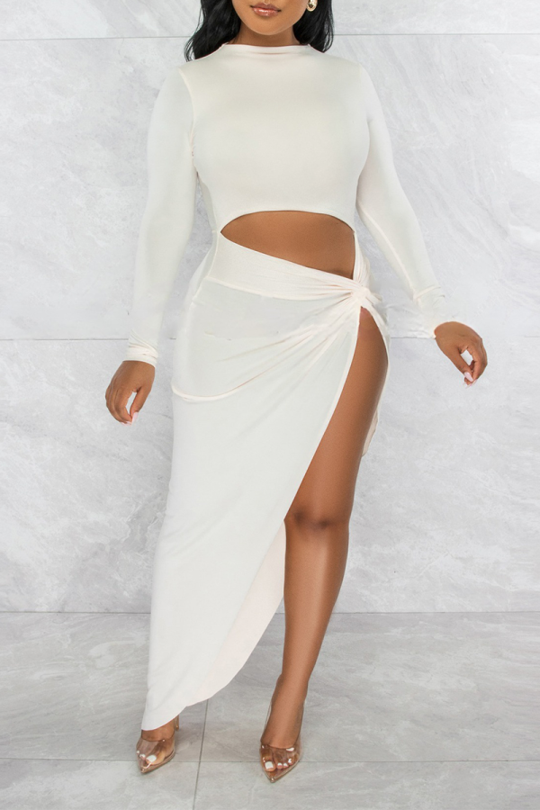 White Sexy Solid Patchwork O Neck Irregular Dress Dresses