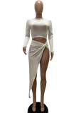 White Sexy Solid Patchwork O Neck Irregular Dress Dresses