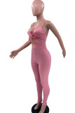 Pink Sexy Casual Solid Hollowed Out Backless Spaghetti Strap Skinny Jumpsuits