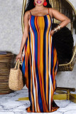 Red Sexy Casual Striped Print Backless Spaghetti Strap Long Dress