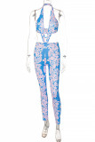 Blue Fashion Sexy Print Backless Halter Skinny Jumpsuits