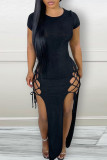 Red Sexy Solid Patchwork Slit O Neck Straight Dresses