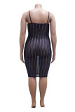 Tibetan Blue Fashion Sexy Plus Size Patchwork See-through Backless Spaghetti Strap Sleeveless Dress