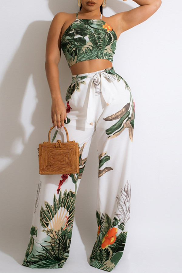 White Sexy Casual Print Bandage Backless Spaghetti Strap Sleeveless Two Pieces