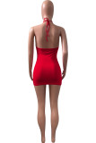 Red Sexy Solid Hollowed Out Halter One Step Skirt Dresses