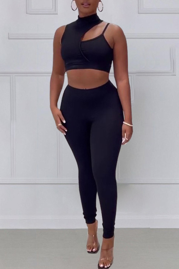 Black Fashion Sexy Solid Hollowed Out Patchwork Turtleneck Sleeveless Two Pieces