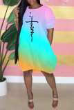 Cyan Fashion Casual Gradual Change Print Basic O Neck Short Sleeve Dress