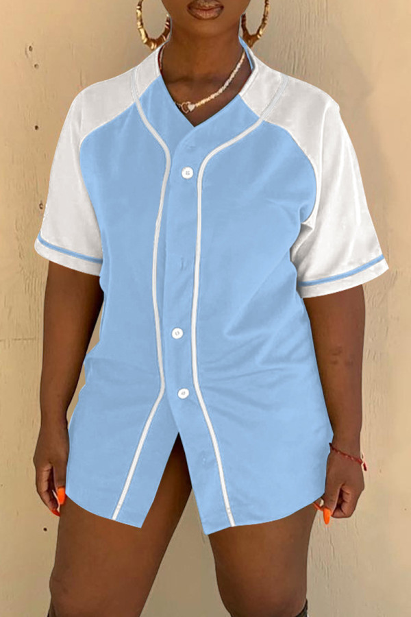 Light Blue Fashion Casual Solid Patchwork V Neck Tops
