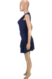 Deep Blue Fashion Casual Solid Split Joint O Neck Sleeveless Two Pieces