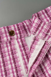 Pink Sexy Plaid Print Patchwork Buckle O Neck Sleeveless Two Pieces