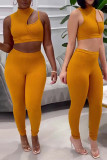 Orange Fashion Sexy Solid Hollowed Out Patchwork Turtleneck Sleeveless Two Pieces