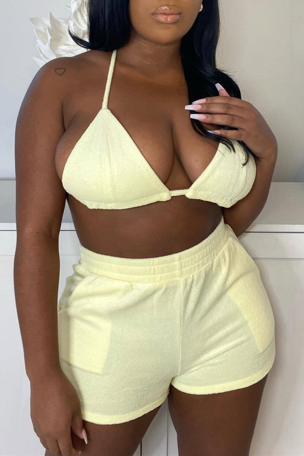 Cream White Sexy Casual Solid Bandage Backless Halter Sleeveless Two Pieces