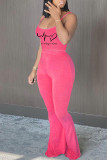 Rose Red Sexy Casual Print Backless Spaghetti Strap Sleeveless Two Pieces