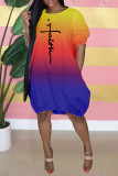 Cyan Fashion Casual Gradual Change Print Basic O Neck Short Sleeve Dress
