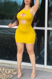 Red Sexy Solid Hollowed Out Halter One Step Skirt Dresses